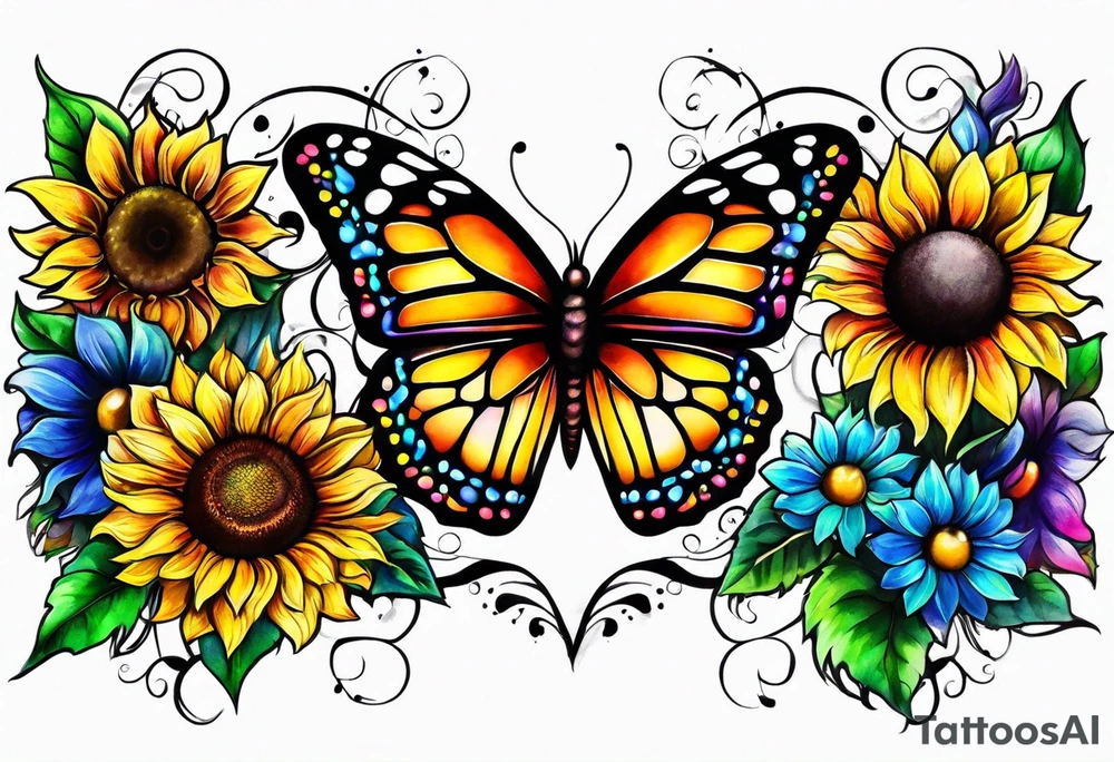 Memorial arm sleeve for mom with rainbow sunflowers and butterflies tattoo idea