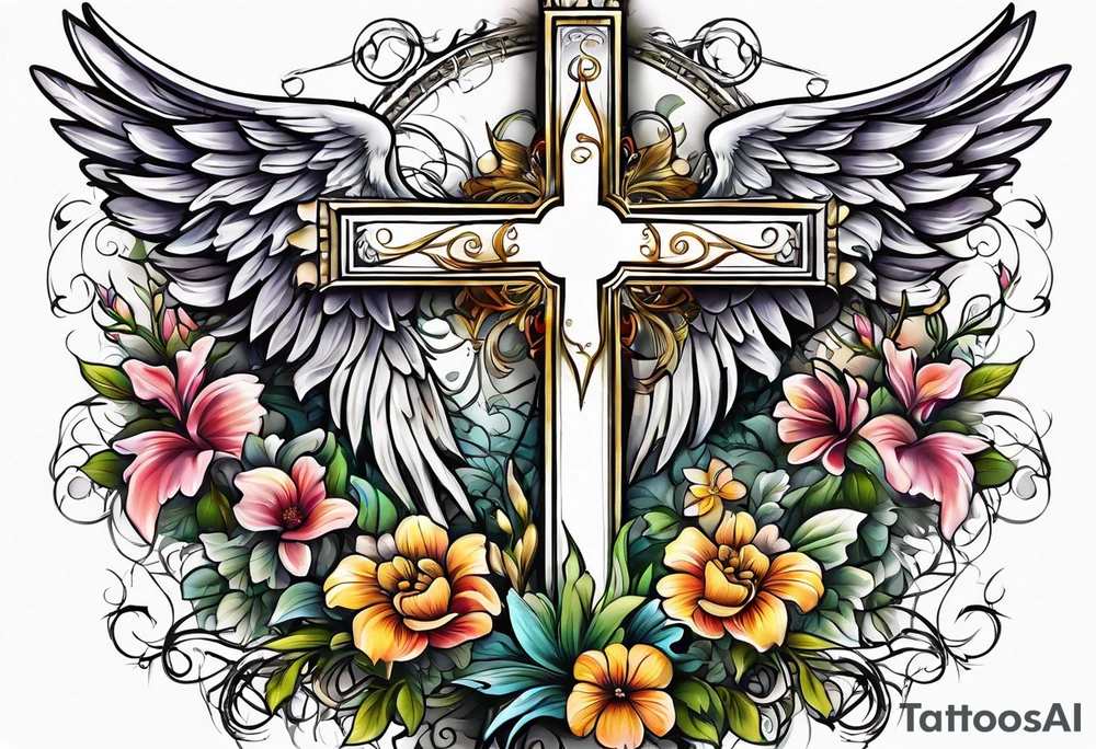 Flowers around a cross with angel wings tattoo idea
