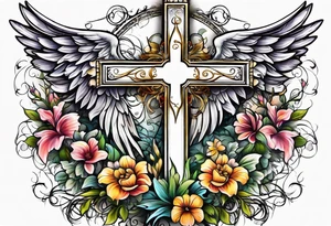 Flowers around a cross with angel wings tattoo idea