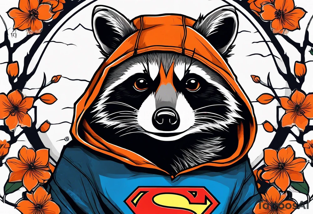 raccoon wearing a black and white Superman hoodie with orange Japanese cherry blossoms tattoo idea