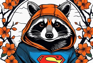 raccoon wearing a black and white Superman hoodie with orange Japanese cherry blossoms tattoo idea