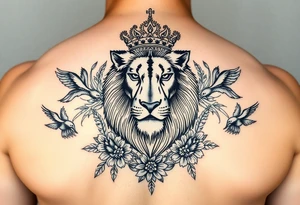 powerful majestic lion with a crown, surrounded by floral ornaments and birds tattoo idea