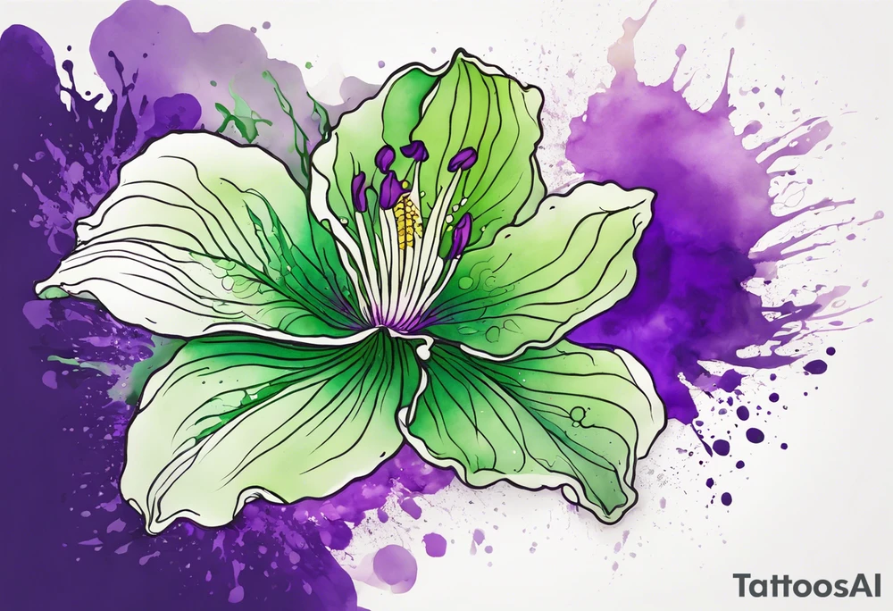 An outline of a green rio dipladenia flower and a purple watercolor splash in the background tattoo idea