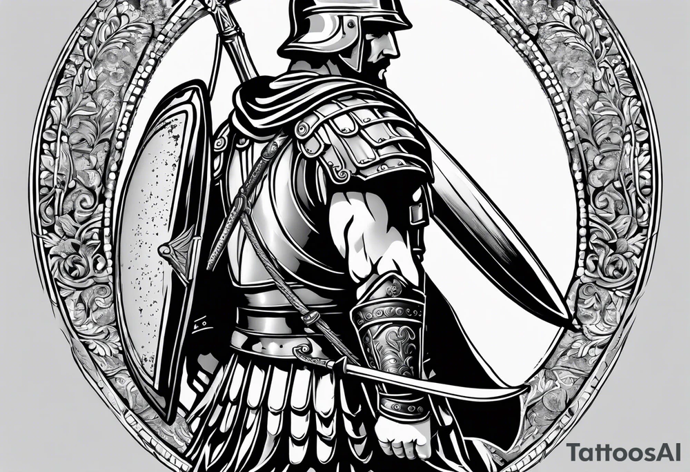 a black and white illustration of a roman soldier from AD 60, wearing armor which must include an armoured belt, breastplate, armoured shoes, shield, helmet and sword.
the soldier must look strong. the soldier is faceless. The image must include the full person - from head to toes tattoo idea