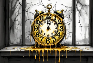 Tim Burton’s melting clock drips over a cracked windowsill, with distorted numbers in antique gold and shadowy gray. tattoo idea
