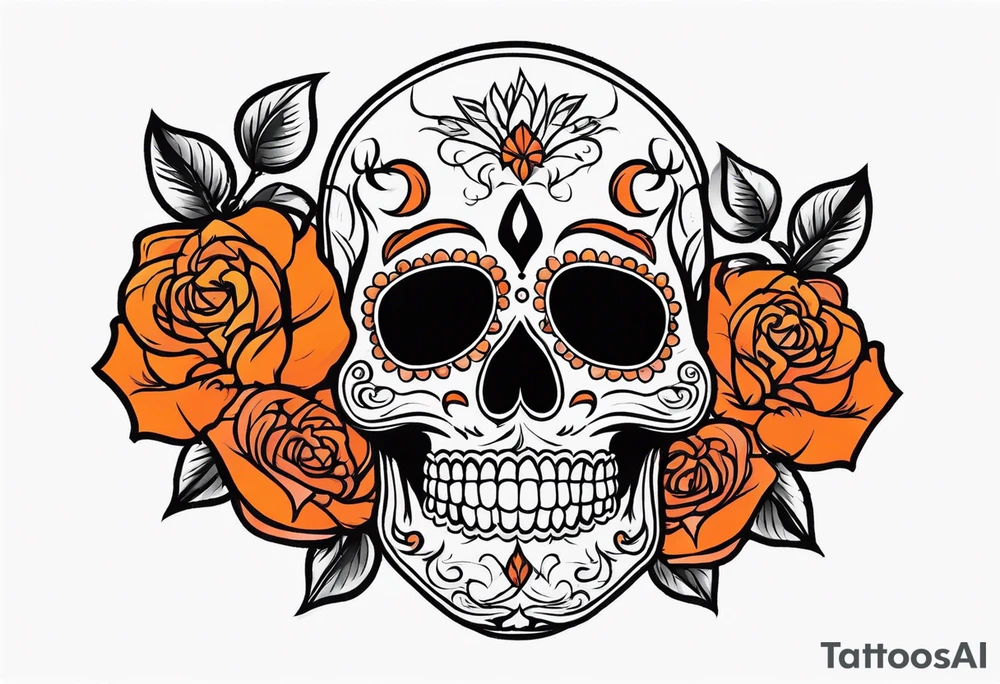 Orange Sugar skull with roses that are orange and red with smoke around it tattoo idea