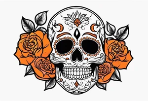 Orange Sugar skull with roses that are orange and red with smoke around it tattoo idea