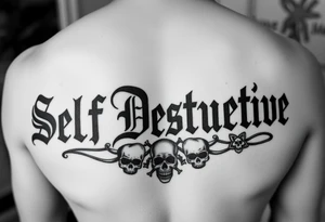 An outline of The words “Self Destructive” in a Chicano/Old English Font across the chest, with negative shading behind the words and some skulls tattoo idea