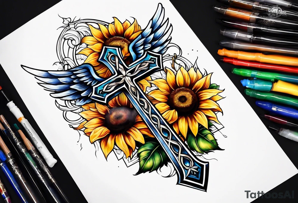 Winged cross with sunflower arm sleeve tattoo idea