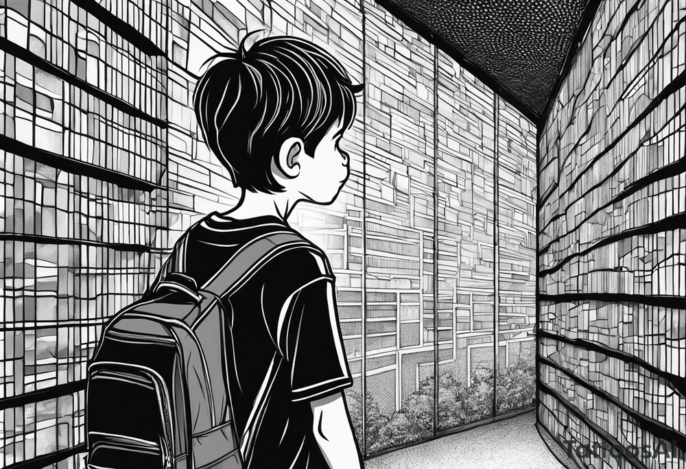 Draw me a young boy, with a football in his hand, looking over a wall to see a football field, he's over the school books to see over the wall tattoo idea