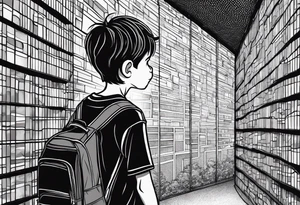 Draw me a young boy, with a football in his hand, looking over a wall to see a football field, he's over the school books to see over the wall tattoo idea