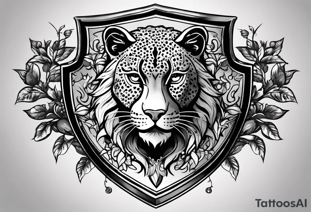 A shield with small leopar head as shield's emblem. The shield would be hang on a ivy planted wall tattoo idea