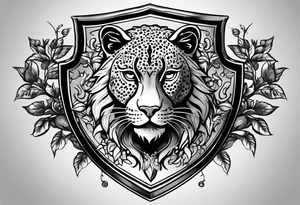 A shield with small leopar head as shield's emblem. The shield would be hang on a ivy planted wall tattoo idea
