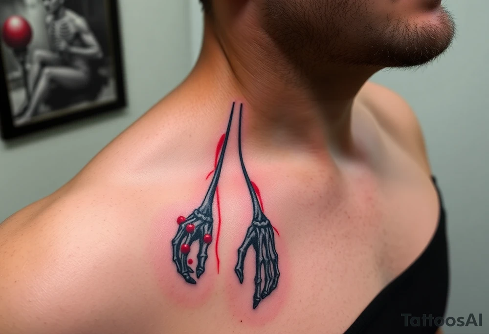 The "Master of Puppets" album artwork with strings tied to skeletal hands, all in dark greys and blood-red accents, symbolizing control and chaos tattoo idea