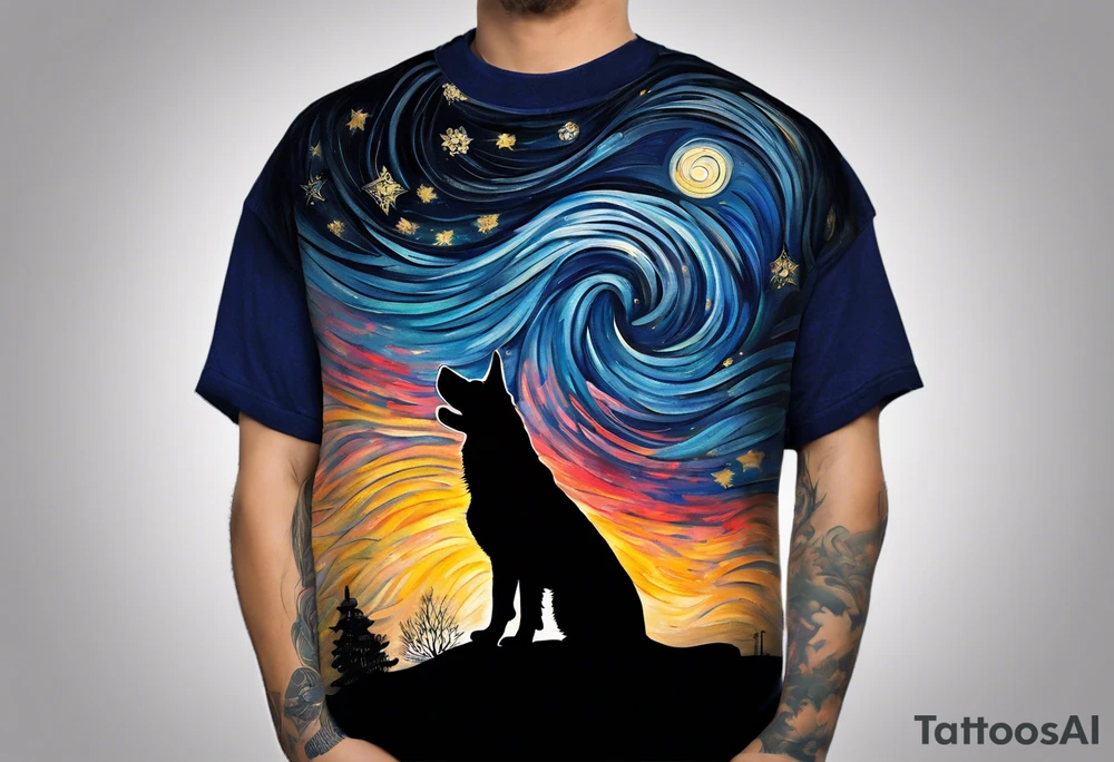 A silhouette of a german shephard, and an adult human male, looking up at a night sky in the style of Van Gogh Starry Night with a lighthouse in the background. Must be narrow and tall to fit on an upper arm. tattoo idea