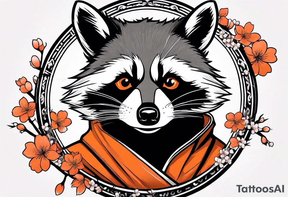 Raccoon wearing a white Superman logo on a black hoodie and orange Japanese cherry blossoms beside tattoo idea
