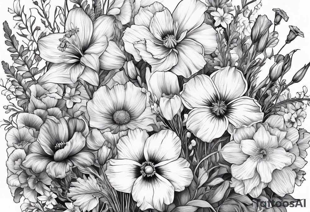 Wild flower bouquet with Violet, Daffodil, Gladiolus, Poppy, Cosmos tattoo idea