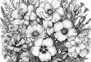 Wild flower bouquet with Violet, Daffodil, Gladiolus, Poppy, Cosmos tattoo idea