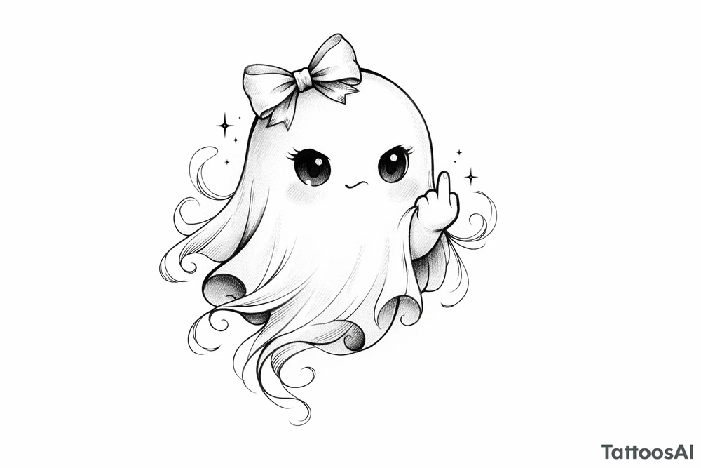 Cute ghost in a bow, giving the bird, soft anime style shading. tattoo idea
