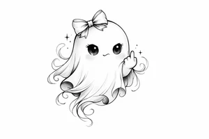 Cute ghost in a bow, giving the bird, soft anime style shading. tattoo idea