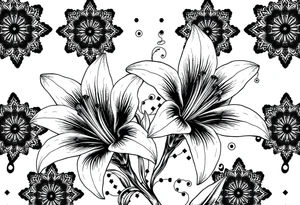 Lillies with dark and filigree patterns in background tattoo idea