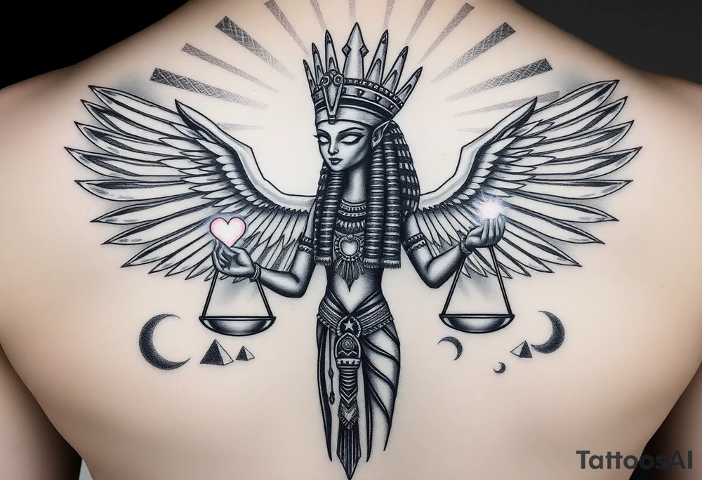 “Super realistic black and grey tattoo of the Egyptian goddess Ma’at, depicted as a regal woman with an ostrich feather headdress, intense glowing eyes, and intricate ancient Egyptian jewelry. She stands or floats amidst swirling cosmic energy and beams of light, with subtle hieroglyphics and pyramids in the background. Incorporate the Scales of Justice—one side holding a heart, the other Ma’at’s feather—glowing with ethereal energy. Emphasize dramatic lighting, deep shadows, and surreal, mystical atmosphere to match a sleeve with Anubis and cosmic motifs. Design should flow with existing sleeve art, using soft transitions and layered textures. tattoo idea
