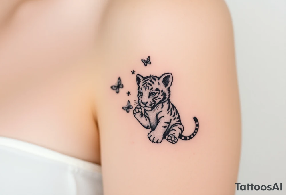 Tiger cub playing with butterflies tattoo idea