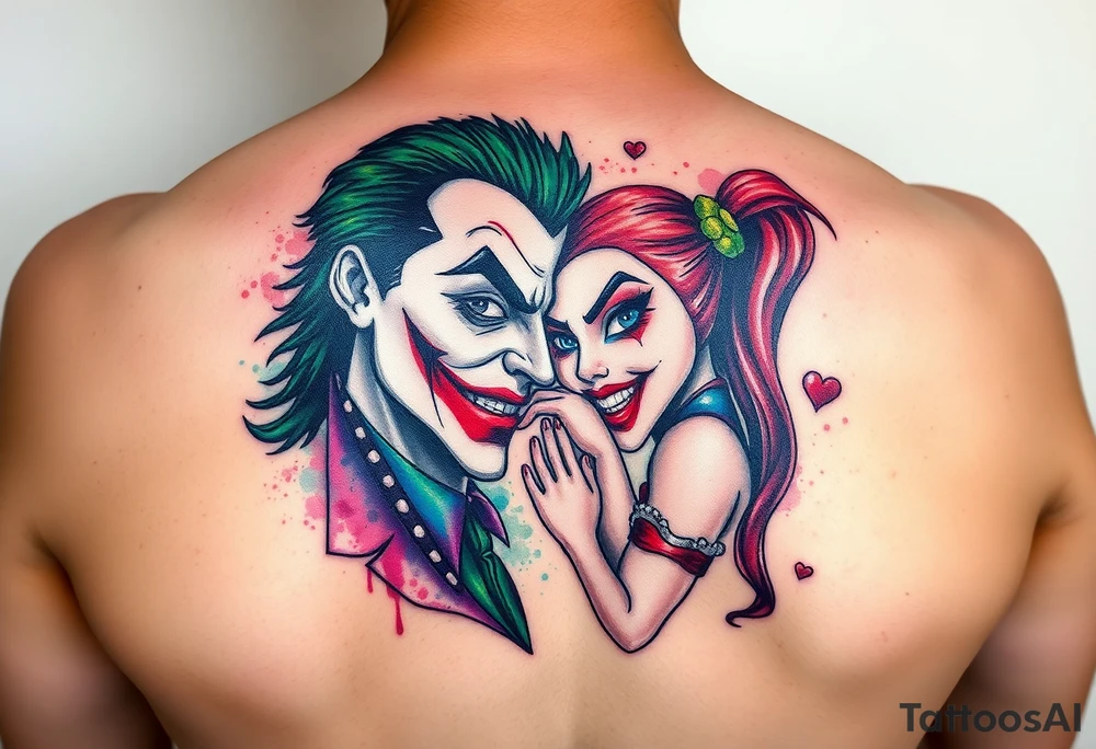 toxic 3d joker and Harley quin together design tattoo idea