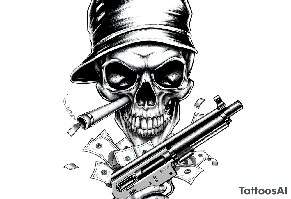 skull with gangster-hat,cigar in his mouth,a machine gun in his hands surrounded by money. tattoo idea