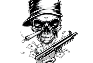 skull with gangster-hat,cigar in his mouth,a machine gun in his hands surrounded by money. tattoo idea