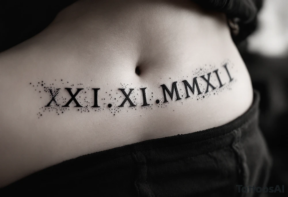 Elegant XXI.XI.MMXII in dark gray ink across the ribs, styled with subtle shadowing for a stone-carved effect. tattoo idea