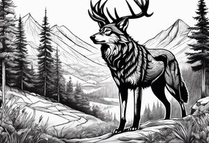landscape with wolf, stag tattoo idea