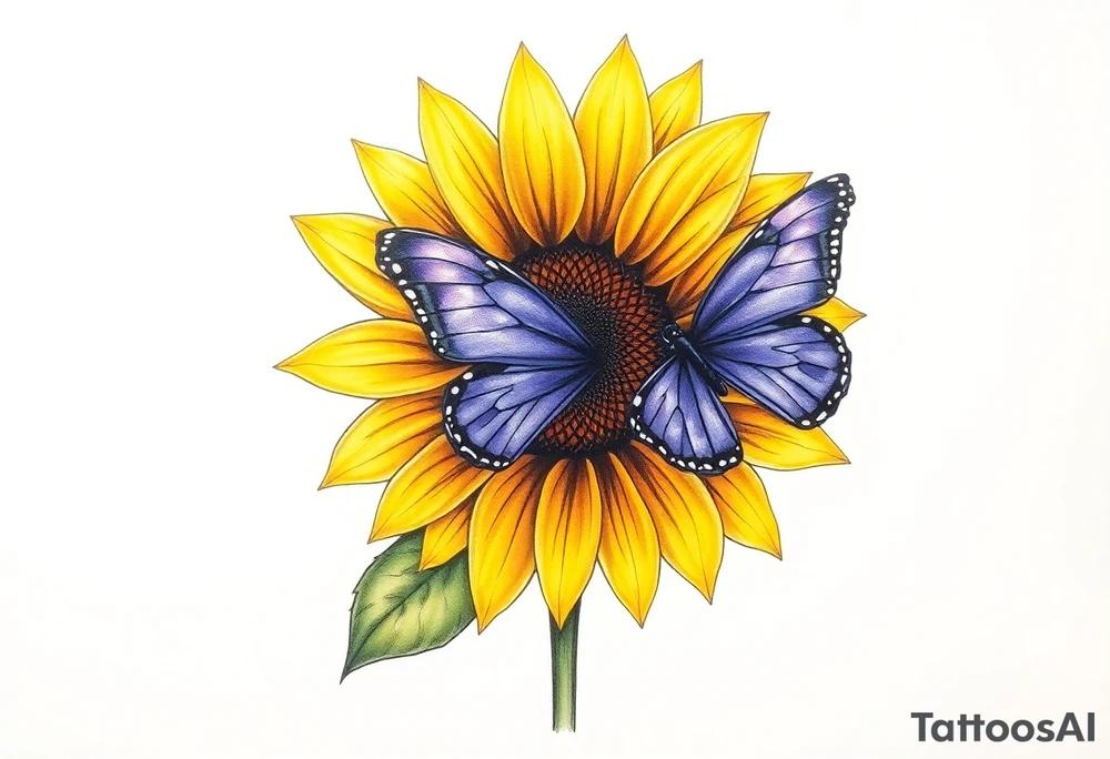 Sunflower with purple butterfly on side tattoo idea