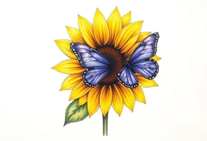 Sunflower with purple butterfly on side tattoo idea