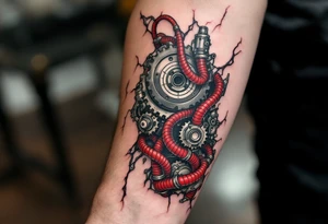 A biomechanical hand tattoo with silver gears and red hydraulic tubes woven through torn skin. tattoo idea