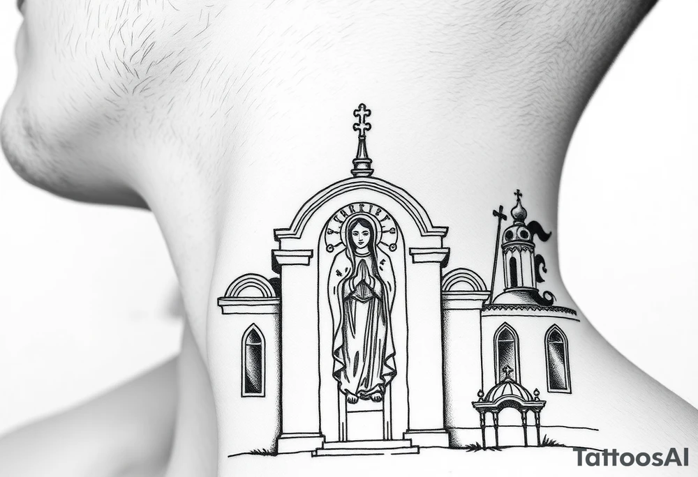 medium sized Russian orthodox church with bulb domes with a prominent russian orthodox mosaic virgin mary tattoo idea