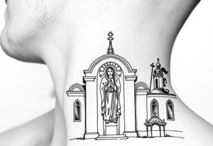 medium sized Russian orthodox church with bulb domes with a prominent russian orthodox mosaic virgin mary tattoo idea