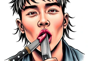 Handsome Asian young guy is licking a ritual knife tattoo idea