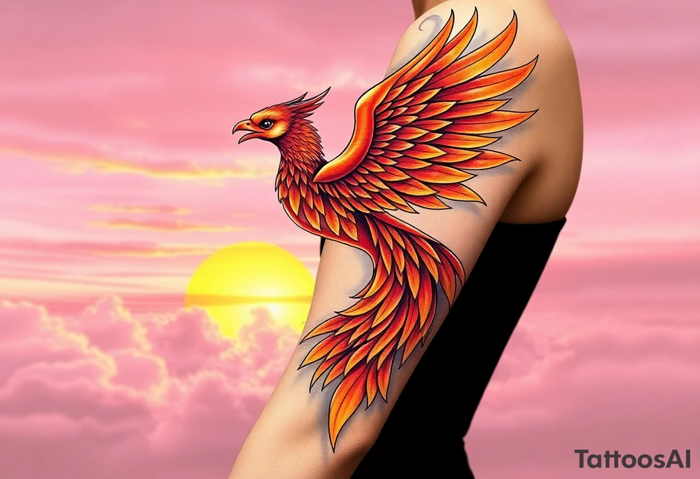 magnificent phoenix rising from flames with trailing embers with a pink and golden sunset and sky with puffy clouds and heaven backdrop tattoo idea