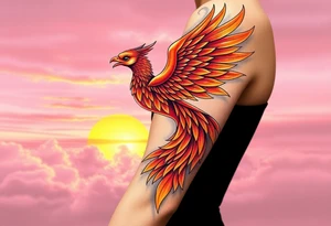 magnificent phoenix rising from flames with trailing embers with a pink and golden sunset and sky with puffy clouds and heaven backdrop tattoo idea