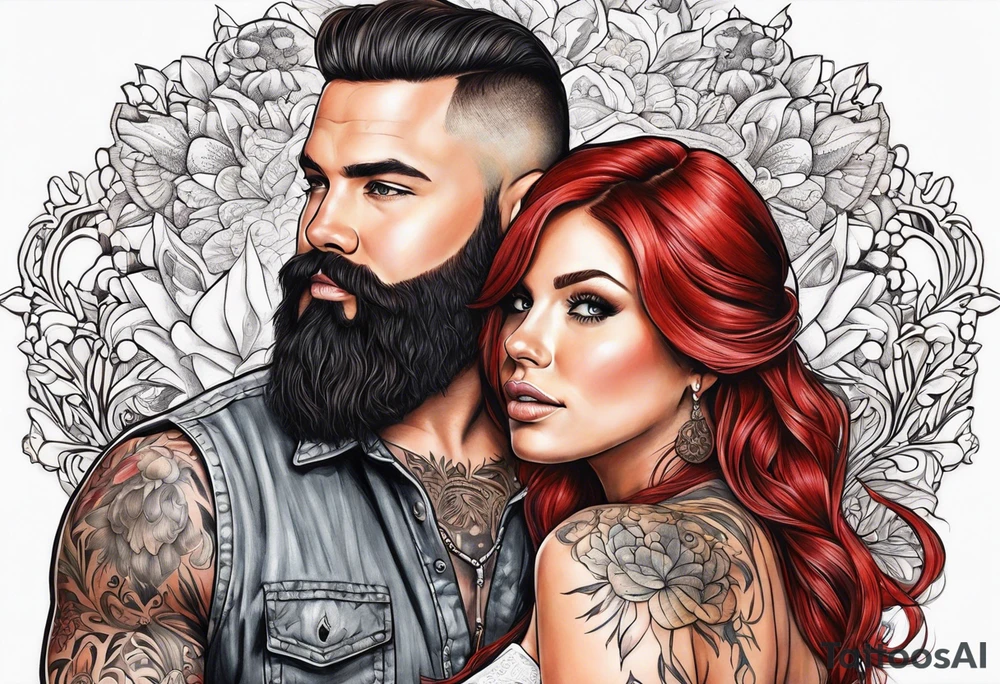 Busty red haired woman with a bearded man who has black hair getting married tattoo idea