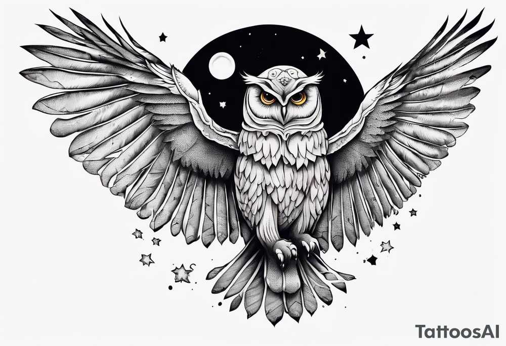 Wise and Regal Owl flying towards the Moon. tattoo idea