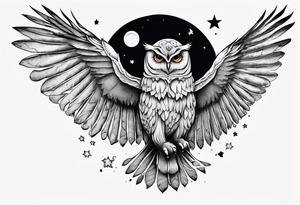 Wise and Regal Owl flying towards the Moon. tattoo idea