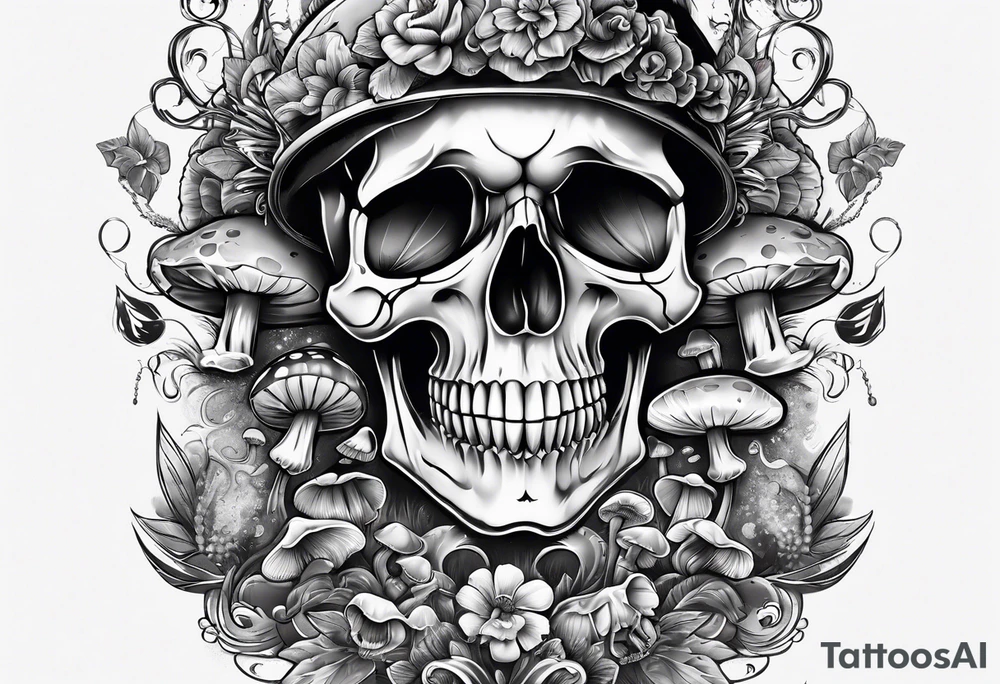 skull and mushrooms tattoo idea