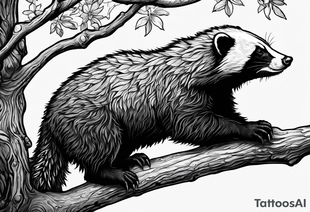 honey badger hanging onto branch, claws near head, gentle face, legs hanging on trying to get over tattoo idea