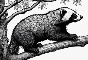 honey badger hanging onto branch, claws near head, gentle face, legs hanging on trying to get over tattoo idea
