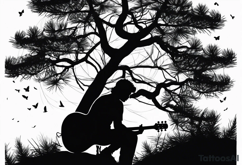 silhouette of a man sitting in a pine tree playing electric guitar tattoo idea