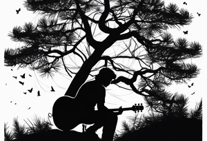 silhouette of a man sitting in a pine tree playing electric guitar tattoo idea