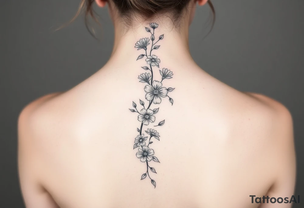 A spine tattoo a flower vine with a birth flowers according to these months in order June November July August April June April tattoo idea