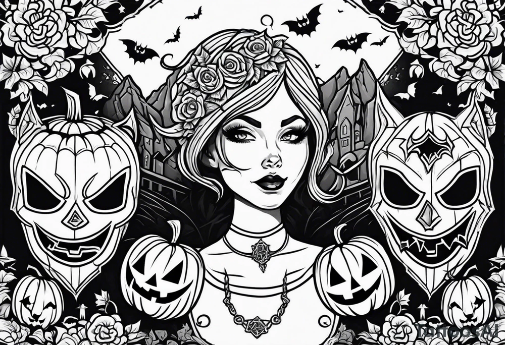 evil jack-o-lanterns on human heads with bats in caves and penny wise in the background cemetary payground tattoo idea